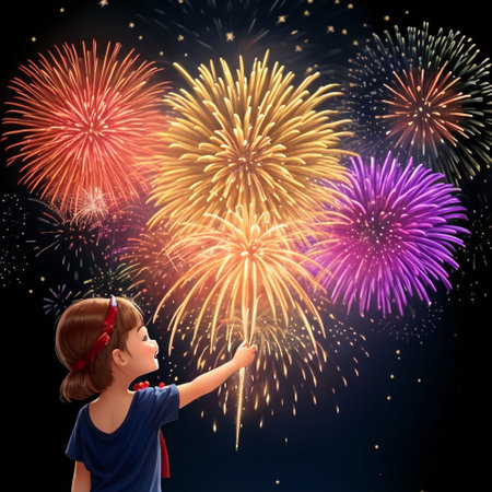 Image of little girl holding firework against black background with vignetteの素材