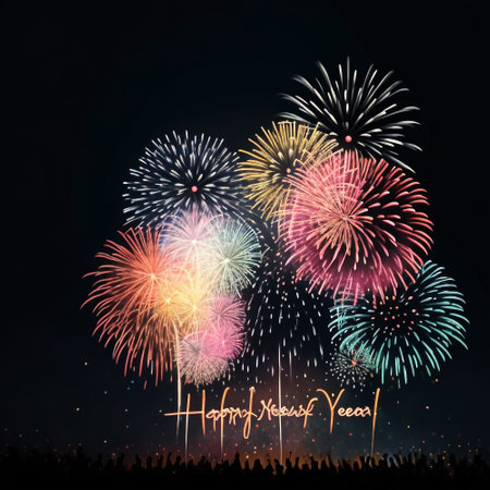 Happy new year background with fireworks and people silhouettes, vector illustrationの素材