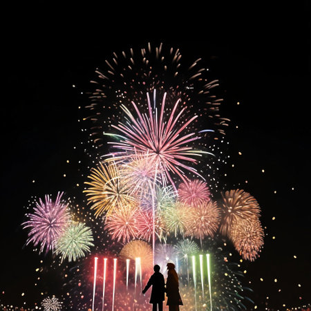Silhouette of happy couple watching fireworks on night sky background.の素材