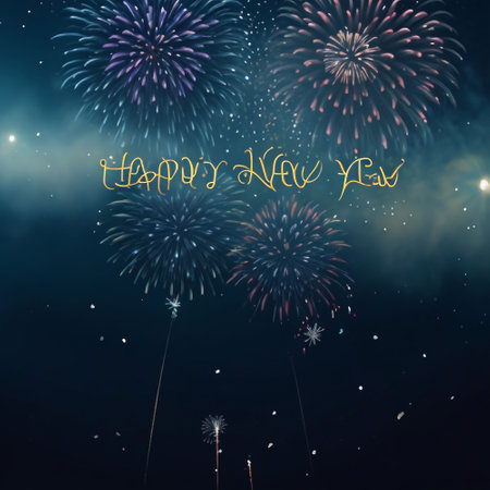 Happy New Year and Merry Christmas greeting card. Fireworks background.の素材
