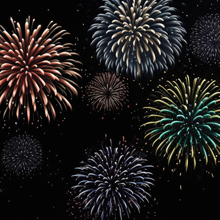 Colorful fireworks of various shapes and sizes on a black background.の素材