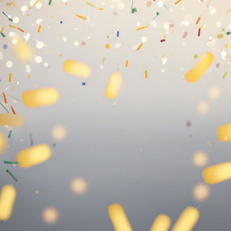 Colorful confetti with bokeh effect on a gray backgroundの素材