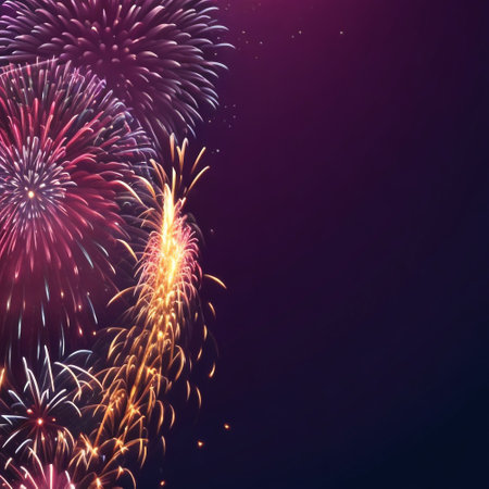 Colorful fireworks of various colors over night sky. Vector illustration.の素材