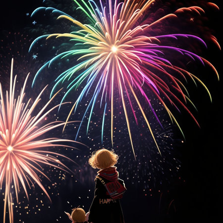 Little girl looks at fireworks in the night sky. Back view.の素材