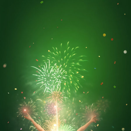 Colorful firework with human hands on green background. Back viewの素材