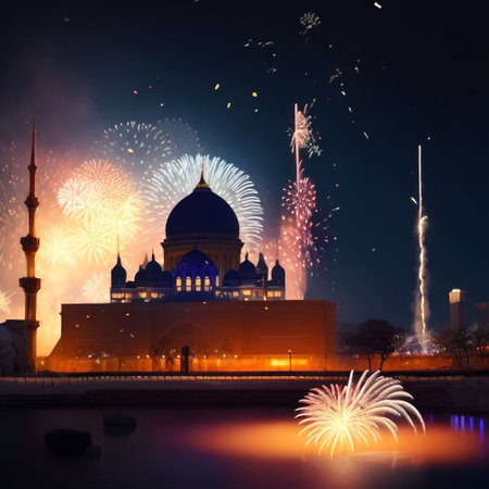 Beautiful view of the Grand Mosque and fireworks during the New Year celebrationの素材