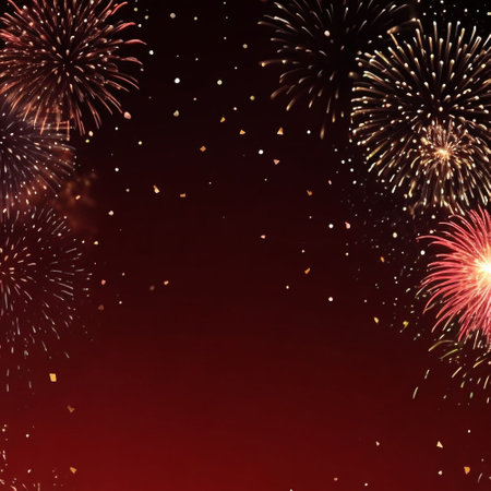 Colorful fireworks on a dark red background with space for your textの素材
