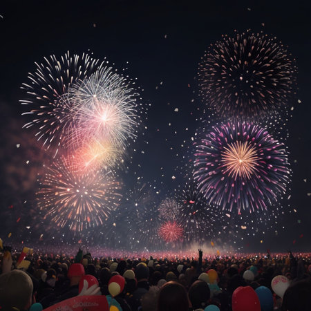 Colorful fireworks display and crowd of people watching it at night.の素材