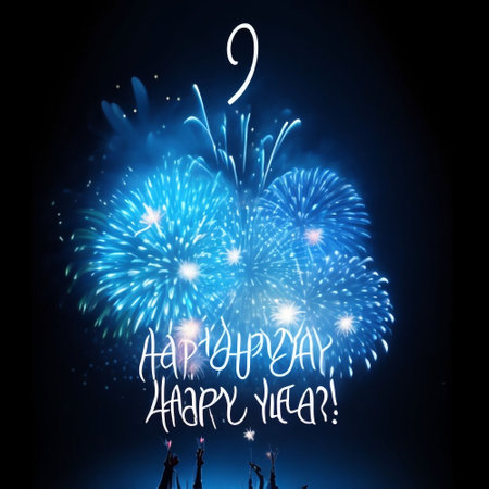 Happy New Year and Merry Christmas greeting card with fireworks on dark backgroundの素材