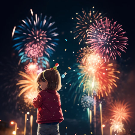 Little girl in red jacket and hat watching fireworks on night sky backgroundの素材
