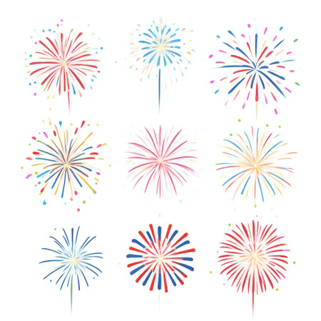 Set of colorful fireworks isolated on white background. Fireworks vector illustration.の素材