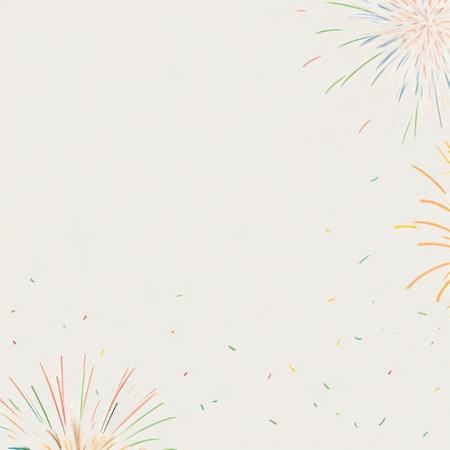 Colorful fireworks on white paper background with copy space for text.の素材