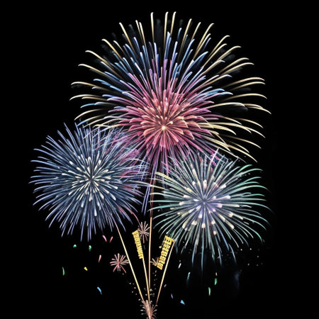 Colorful fireworks of various colors over night sky, celebration and anniversary conceptの素材