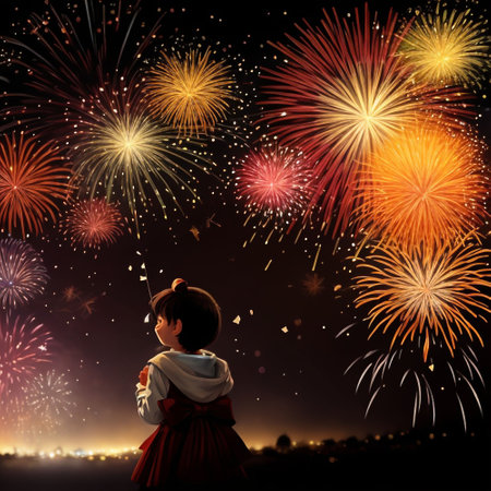 Image of little girl in red cape looking at fireworks against night skyの素材