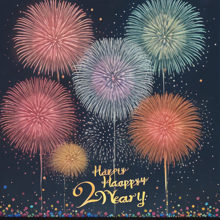 Happy New Year greeting card with fireworks on dark background. Vector illustration.の素材