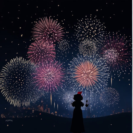 Silhouette of woman with fireworks on the night sky background.の素材