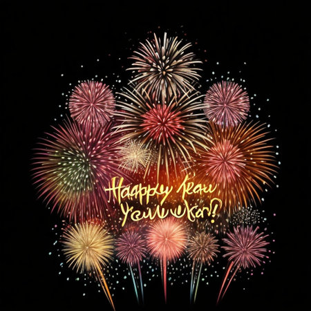Happy New Year background with fireworks in the night sky. Vector illustration.の素材