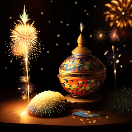 Burning firework in the form of an earthen jarの素材