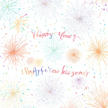 Happy New Year greeting card with fireworks. Hand drawn vector illustration.の素材