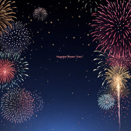 Happy New Year and Merry Christmas background with fireworks. Vector illustration.の素材
