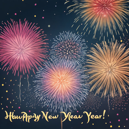 Happy new year greeting card with fireworks on dark background. Vector illustration.の素材