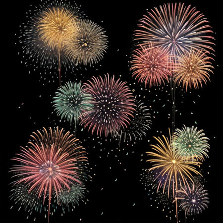Colorful fireworks isolated on black background for celebration and happy new yearの素材