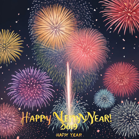 Happy New Year greeting card with fireworks on dark background. Vector illustration.の素材