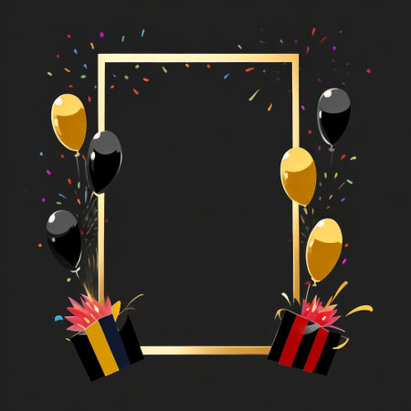 Frame with balloons and gift boxes on black background. Vector illustration.の素材
