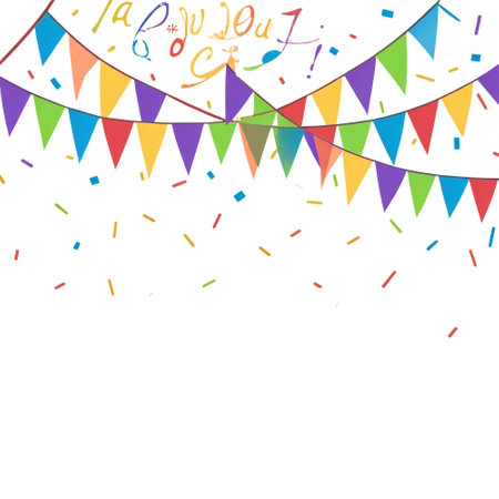 Colorful party flags with confetti on white background. Vector illustration.の素材