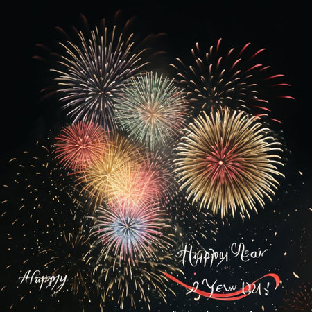 Happy New Year and Merry Christmas card with fireworks on dark background.の素材