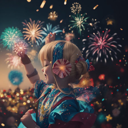 Cute little girl in a carnival costume on the background of fireworksの素材