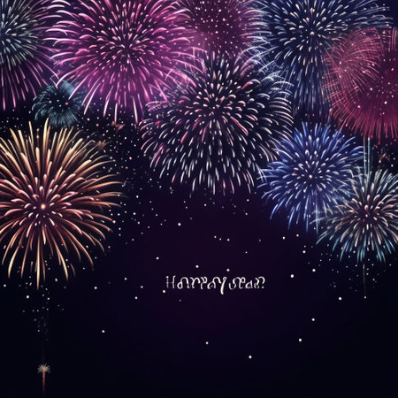 Fireworks background with space for text. Happy New Year and Merry Christmasの素材