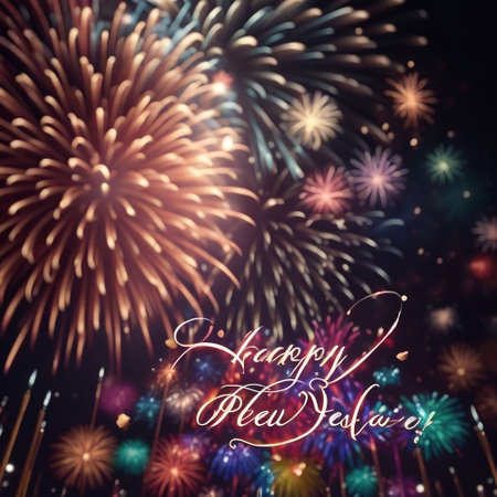 Happy New Year background with fireworks and hand lettering. Greeting cardの素材