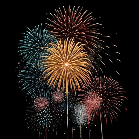 Colorful fireworks on black sky background for celebration happy new year and merry christmasの素材