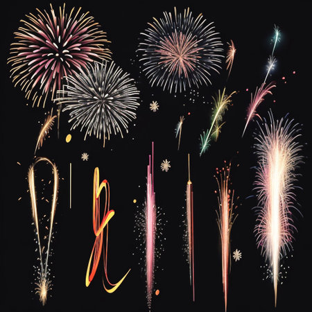 Fireworks set on black background. Fireworks collection. Vector illustration.の素材