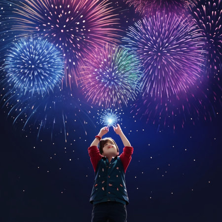 Cute boy with opened mouth and fireworks above his head on dark backgroundの素材