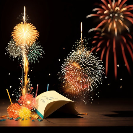 New Year's Eve celebration firework with open book on wooden tableの素材