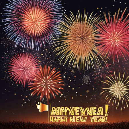 Happy new year background with fireworks and waving flag. Vector illustration.の素材