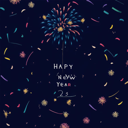 Happy New Year background with fireworks and confetti. Vector illustration.の素材