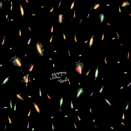 Happy New Year background with fireworks and confetti. Vector illustration.の素材