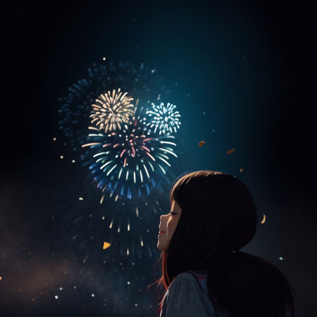 Cute girl looking at fireworks on dark sky background with empty spaceの素材
