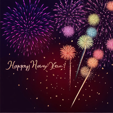 Happy New Year background with fireworks and confetti. Vector illustration.の素材