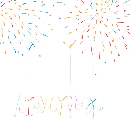 Happy New Year greeting card with fireworks on white background. Vector illustration.の素材