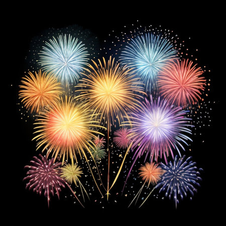 Colorful fireworks on black background for celebration new year and merry christmasの素材