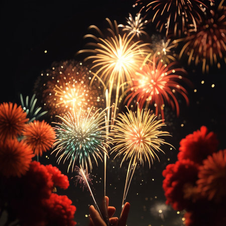 Colorful fireworks on the black sky background with copy space for text.の素材