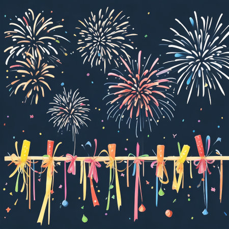 Fireworks with ribbons on a dark background. Vector illustration.の素材