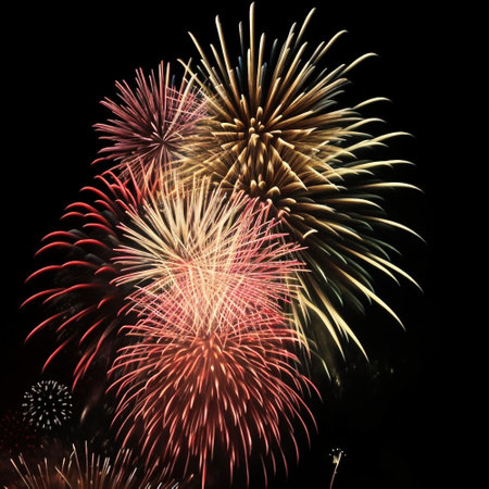 Colorful fireworks of various colors over night sky, celebration and anniversary conceptの素材