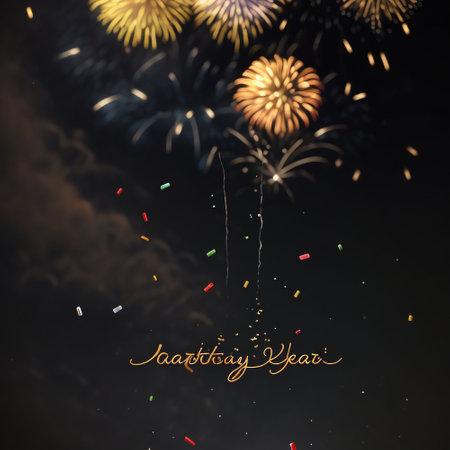 Colorful fireworks and confetti on black sky background for Happy New Yearの素材