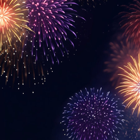 Colorful fireworks of various colors over night sky background, celebration conceptの素材