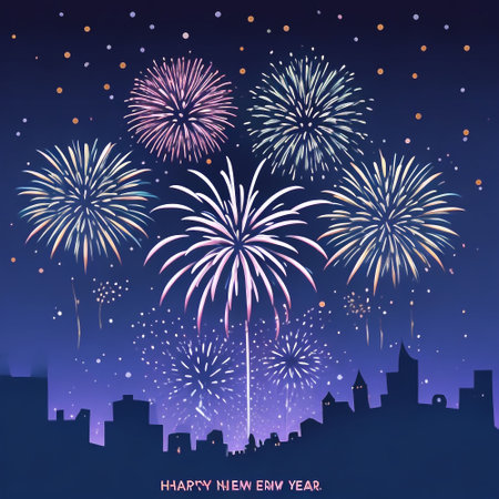 Happy New Year and Merry Christmas greeting card with fireworks. Vector illustration.の素材